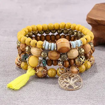 Äkta Vintage Bohemiansk Etnisk Stil Elastic Armband Med Flerlagers Punkter Tassel Brev Medallion Vingar Armband 8-10 ord
