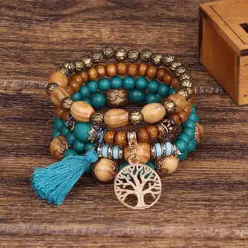 Äkta Vintage Bohemiansk Etnisk Stil Elastic Armband Med Flerlagers Punkter Tassel Brev Medallion Vingar Armband 8-10 ord