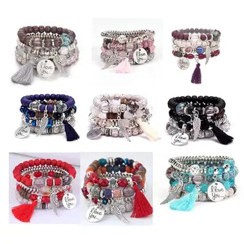 Äkta Vintage Bohemiansk Etnisk Stil Elastic Armband Med Flerlagers Punkter Tassel Brev Medallion Vingar Armband 8-10 ord