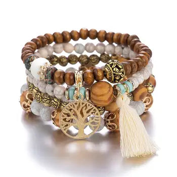 Äkta Vintage Bohemiansk Etnisk Stil Elastic Armband Med Flerlagers Punkter Tassel Brev Medallion Vingar Armband 8-10 ord