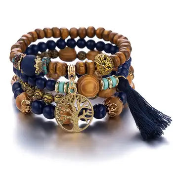 Äkta Vintage Bohemiansk Etnisk Stil Elastic Armband Med Flerlagers Punkter Tassel Brev Medallion Vingar Armband 8-10 ord