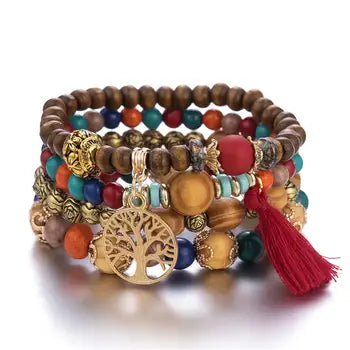 Äkta Vintage Bohemiansk Etnisk Stil Elastic Armband Med Flerlagers Punkter Tassel Brev Medallion Vingar Armband 8-10 ord